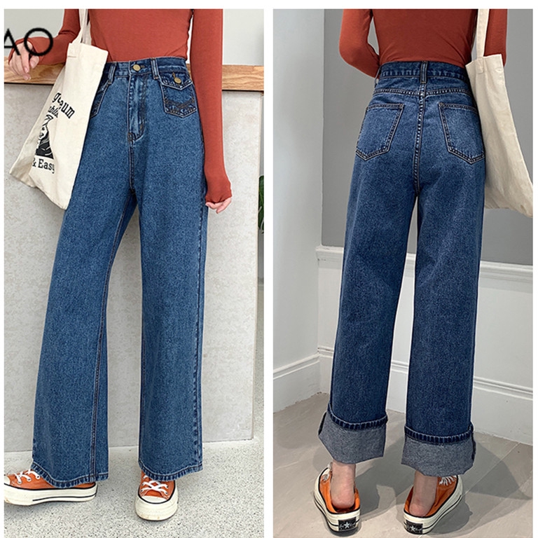  Celana  Panjang Model  Lebar Longgar High  Waist  Bahan Jeans  