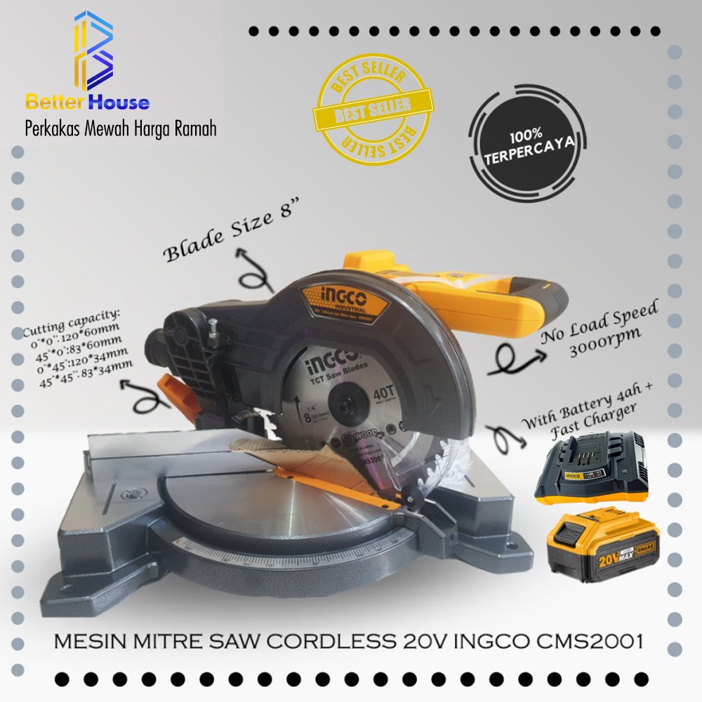 Mesin Mitre Saw Mesin Gergaji Aluminium Cordless 20V INGCO CMS2001 + 4ah + Charger