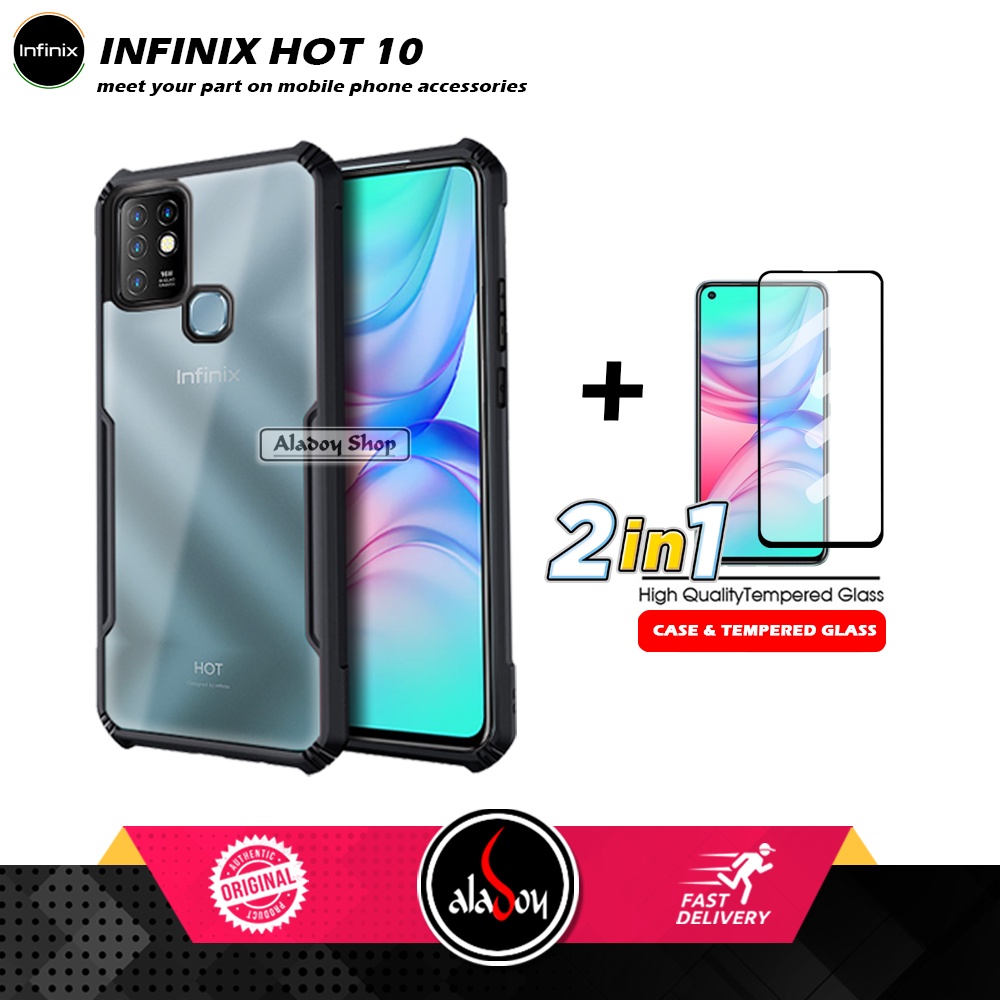 Case Infinix Hot 10 Armor Fusion Transparet Free Tempered Glass PAKET 2 IN 1 Casing dan Tempered Glass Layar