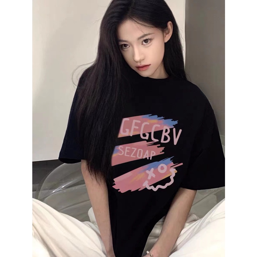 Korean style letter graffiti hitam printing lengan pendek kaos oblong wanita/korea atasan kaos lengan pendek longgar untuk wanita/baju kaos wanita/kaus oversize