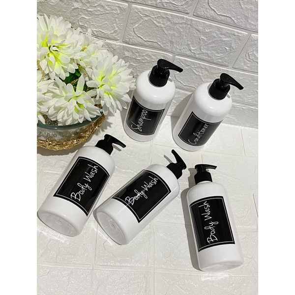 botol putih+black design. refillable bottle minimalist organizer tempat sabun cair pump 500ml