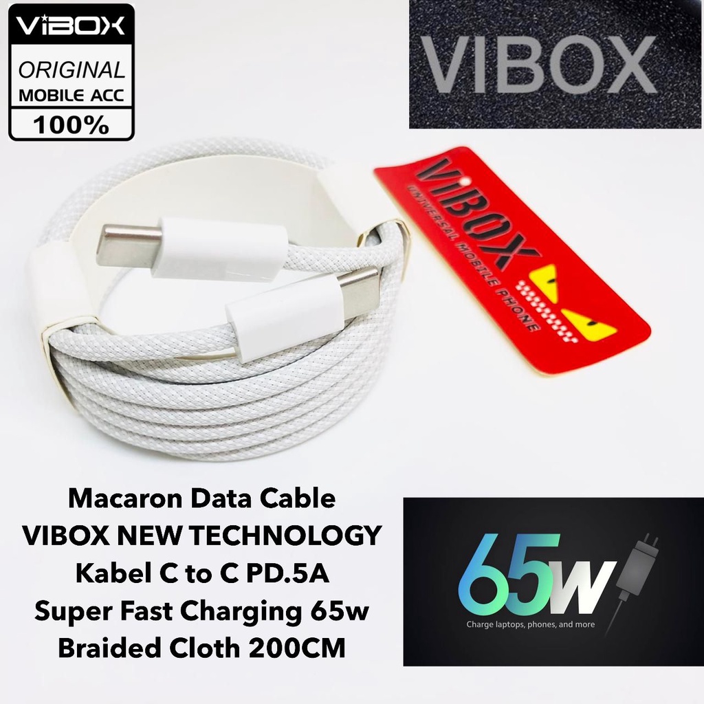 PROMO 200CM Macaron Data Cable VIBOX NEW TECHNOLOGY Kabel C to C PD.5A Super Fast Charging 65w  Braided Cloth 200CM sultan
