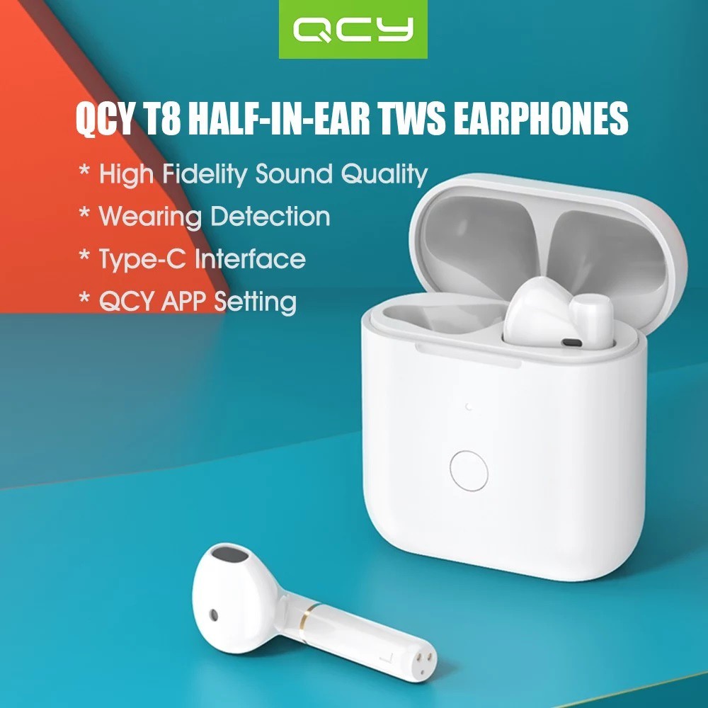 QCY T8 - TWS Half In-Ear Bluetooth Stereo Earphone with Charging Box - Earphone TWS Bugdet ala QCY