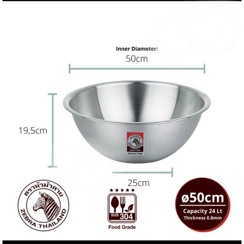 Mixing Bowl ZEBRA 50 Cm 135050 - Mangkok Stainless Steel