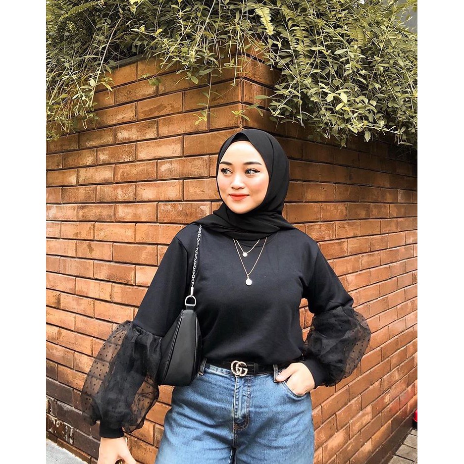 Vatasha Top Atasan Wanita Blouse Hitam Lengan Balon Korea Blous Murah Blus Cewek Pakaian Selebgram