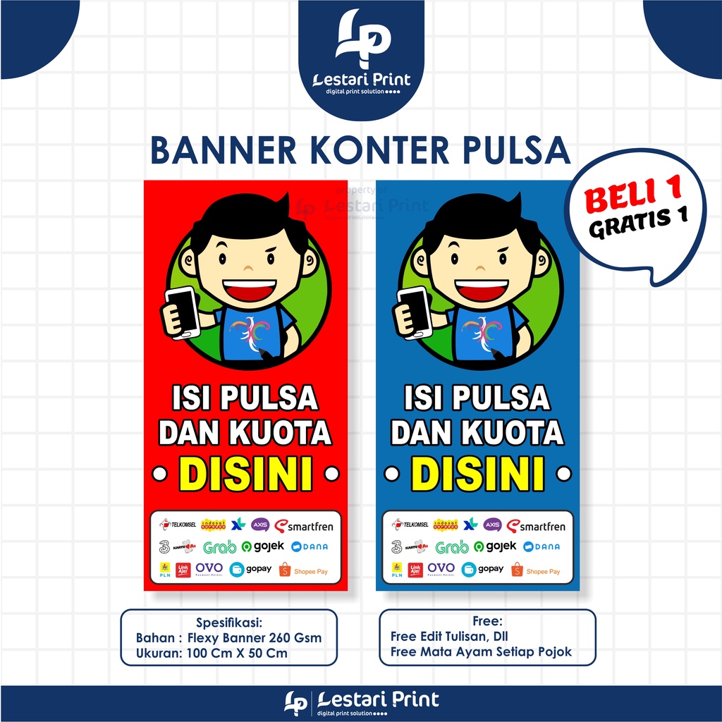 BANNER SPANDUK KONTER PULSA DAN KUOTA TERMURAH BELI 1 GRATIS 1 / LESTARIPRINT