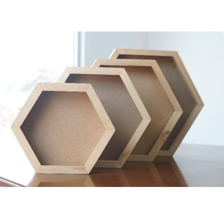 U7E8 Pigura Kayu 3D / Hexagonal /Bingkai kayu Diameter 20cm Kaca Acrylic Anti Pecah TER VHI