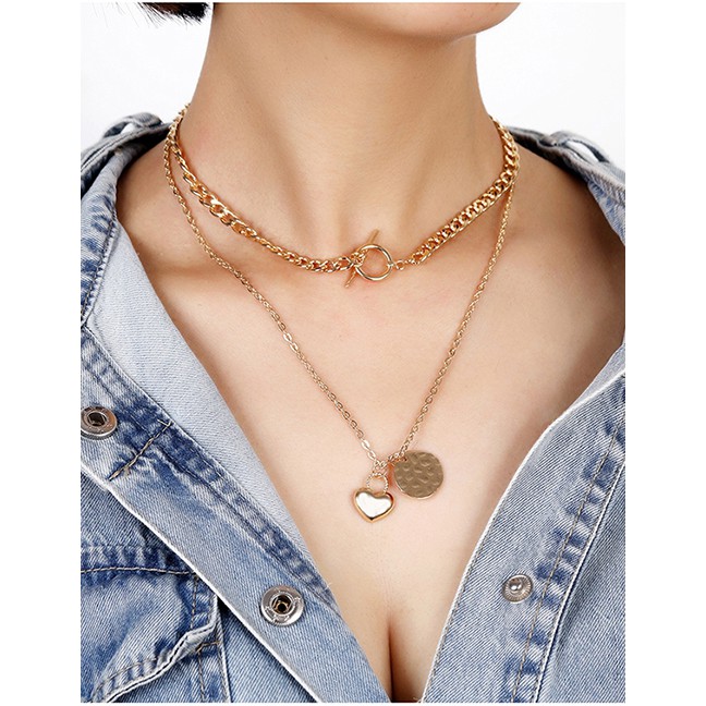 LRC Kalung Fashion Gold Color Heart Disc Alloy Double Layer Necklace Y64926