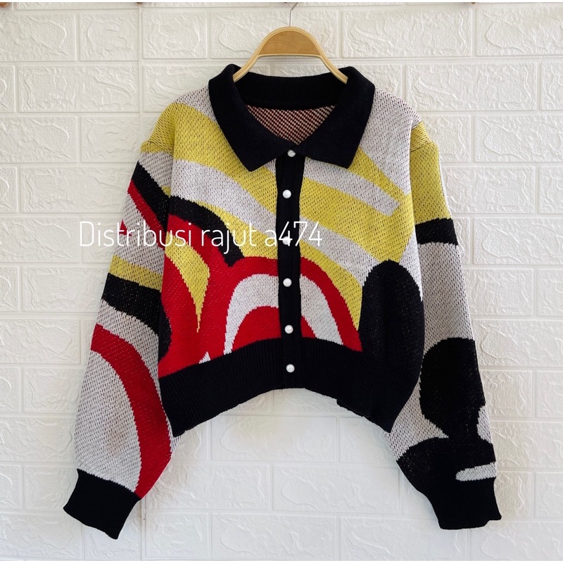 JEJE CARDIGAN RAJUT MOTIF KEMEJA PELANGI KERAH KANCING PREMIUM