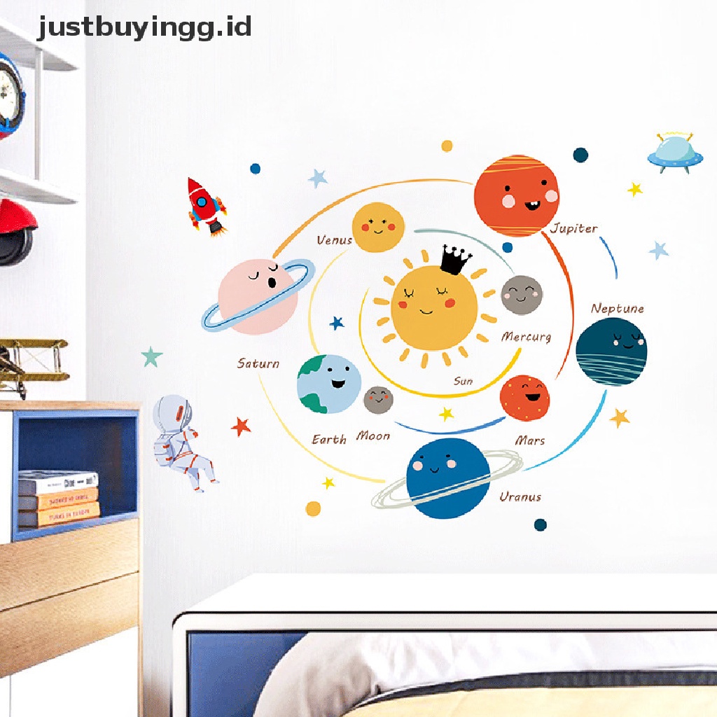 Stiker Dinding Desain Kartun Planet Tata Surya Dapat Dilepas Untuk Kamar Anak