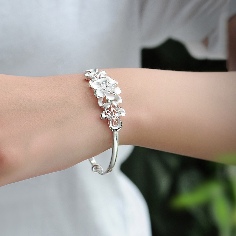 Gelang perak sterling 925 untuk bunga wanita perhiasan fesyen gelang tekan-tarik