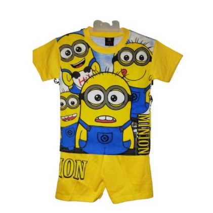 KAOS SETELAN MOTIF MINIONS TERBARU , TERMURAH BAJU ANAK KARAKTER MINION TERLARIS