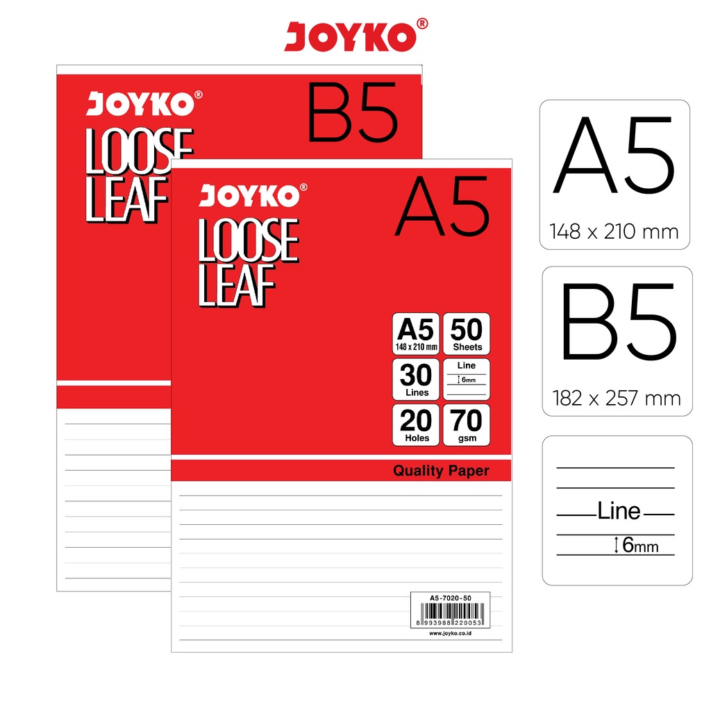 Loose Leaf / Isi Kertas File / Binder Joyko A5 B5 7020 / 50 / 100 Lembar / Dotted Bertitik-titik / Plain Polos / Grid Kotak-kotak / Ruled Garis