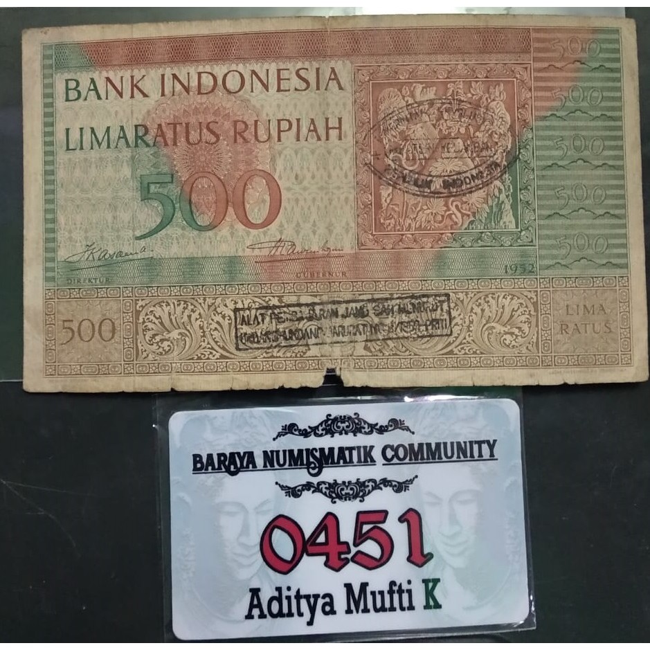 Kuno lama 500 Rupiah Budaya 1952 dengan Cap PRRI seri X langka