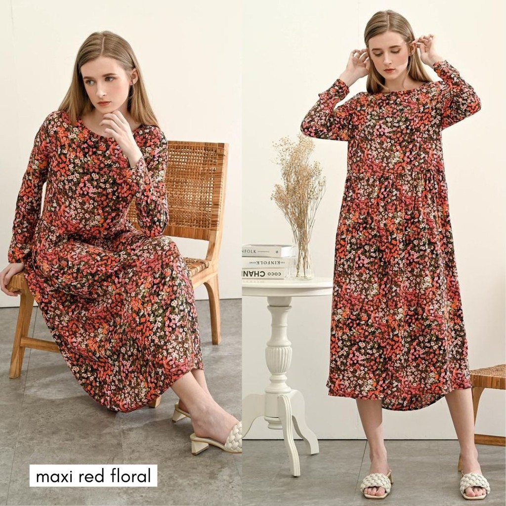HM Maxi Dress Collection - Pakaian Wanita Original - Baju Lebaran Branded-Maxi Red Floral