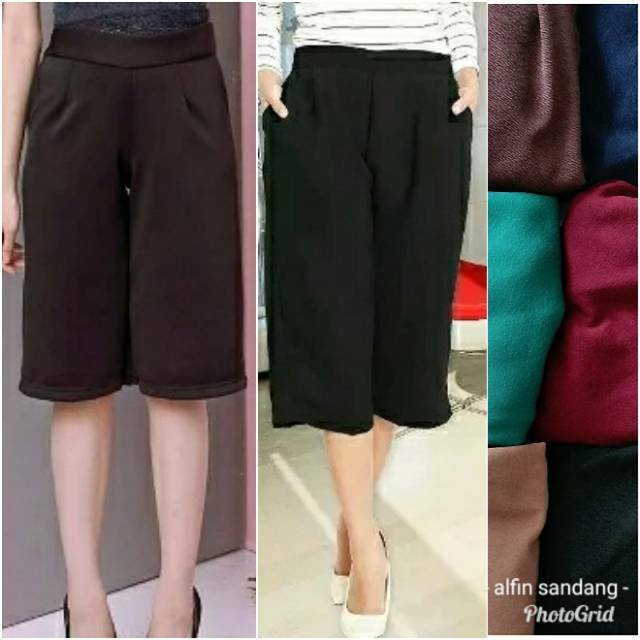 Grosir CELANA PENDEK WANITA 7/8 DEWASA - Kulot Crepe Polos Stripe Salur Pelangi Allsize Murah