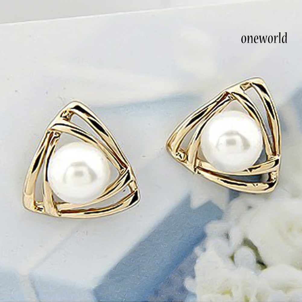 OW# Women Faux Pearl Inlaid Double Triangle Crossover Ear Stud Earrings Jewelry Gift