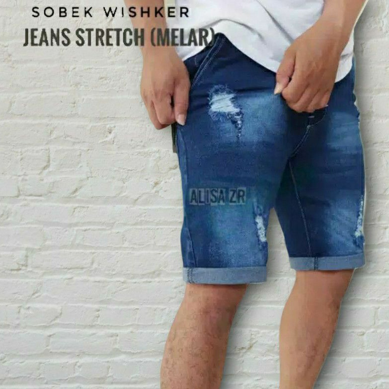 Bayar ditempat/COD Celana pendek jeans Stretch motif sobek robek melar Blue