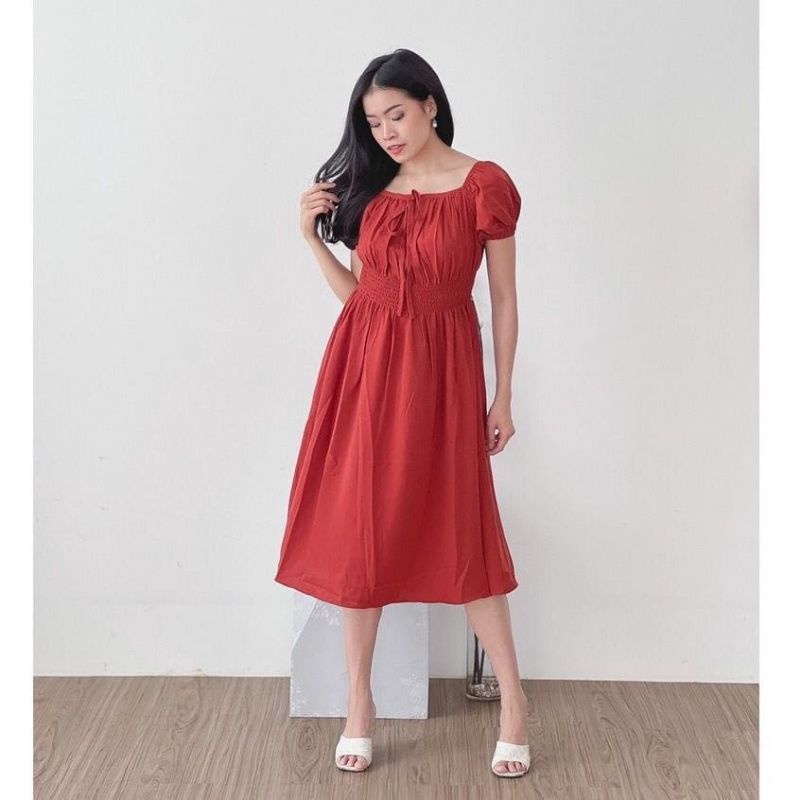 Baju wanita | Dress sabrina kerut pinggang lengan pendek size S ~XXL