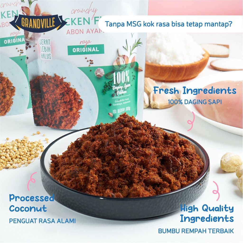 GrandVille Abon Ayam - Abon Daging Sapi - Abon Ikan Menu Tambahan MPasi - Rasa Spicy &amp; Original Premium