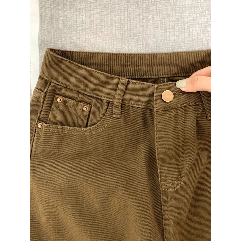 Coklat korea highwaist lurus celana jeans wanita Import