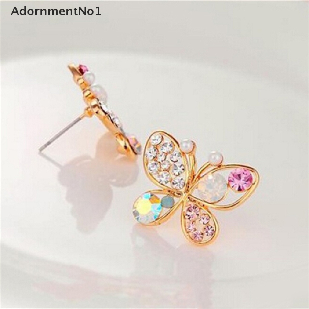 (AdornmentNo1) Anting Tusuk Bentuk Kupu-Kupu Aksen Hollow + Kristal + Berlian Imitasi Untuk Perhiasan Wanita Butterfly