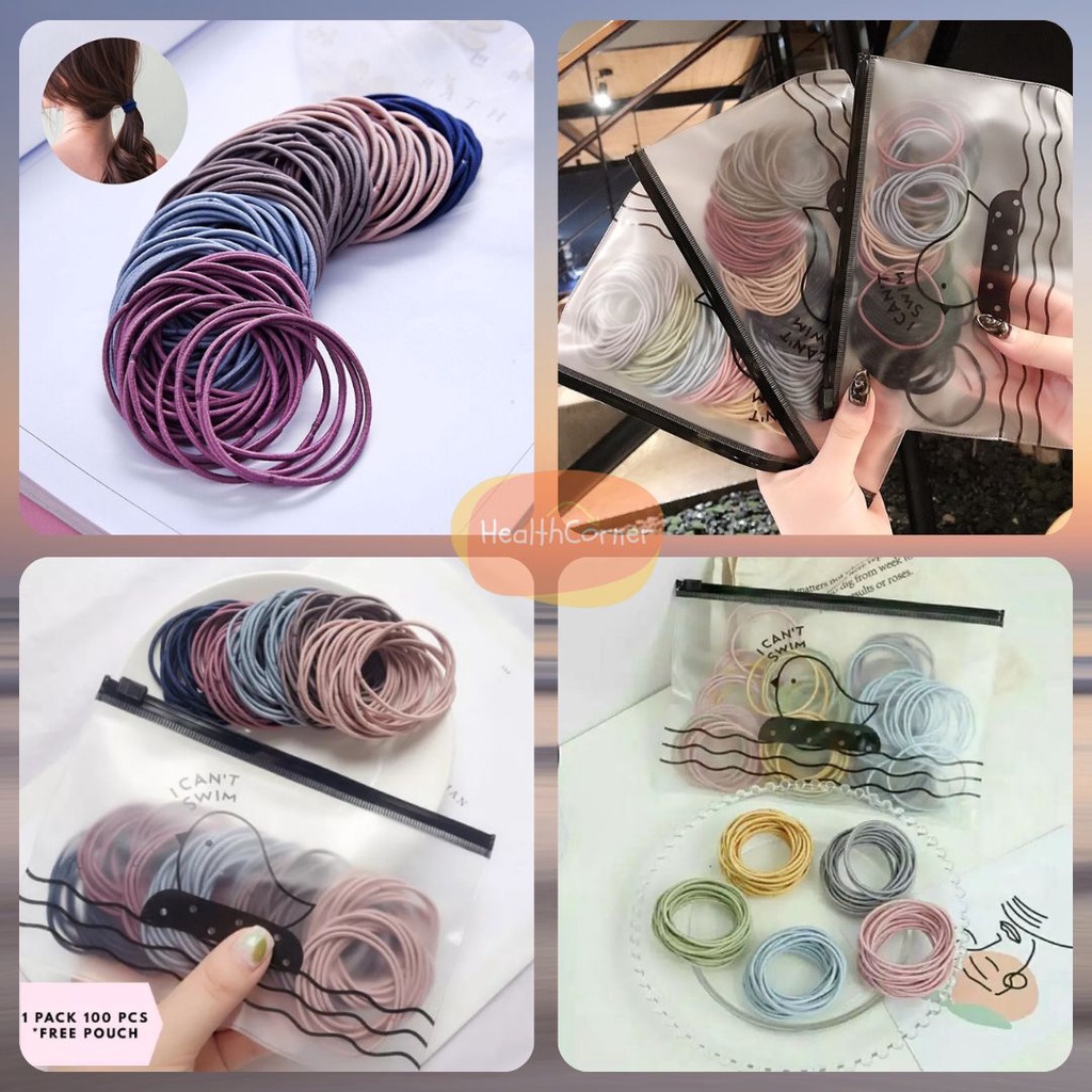 Karet Ikat Rambut Korea 100pc Free Pouch RANDOM
