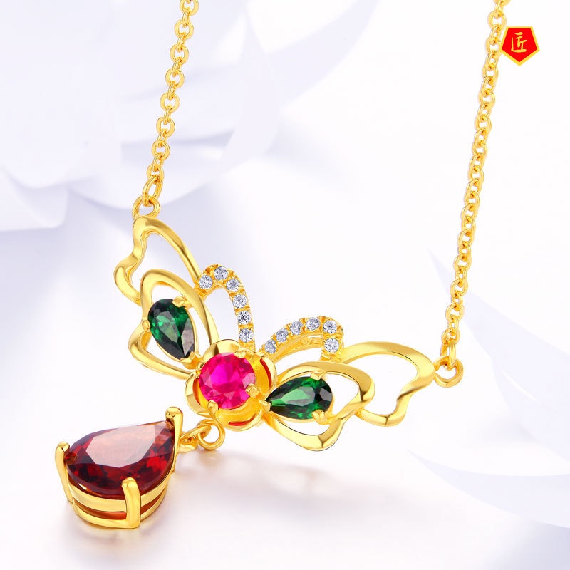 [Ready Stock]Golden Butterfly Necklace Women's Luxury Fashion Inlaid with Colored Jewels