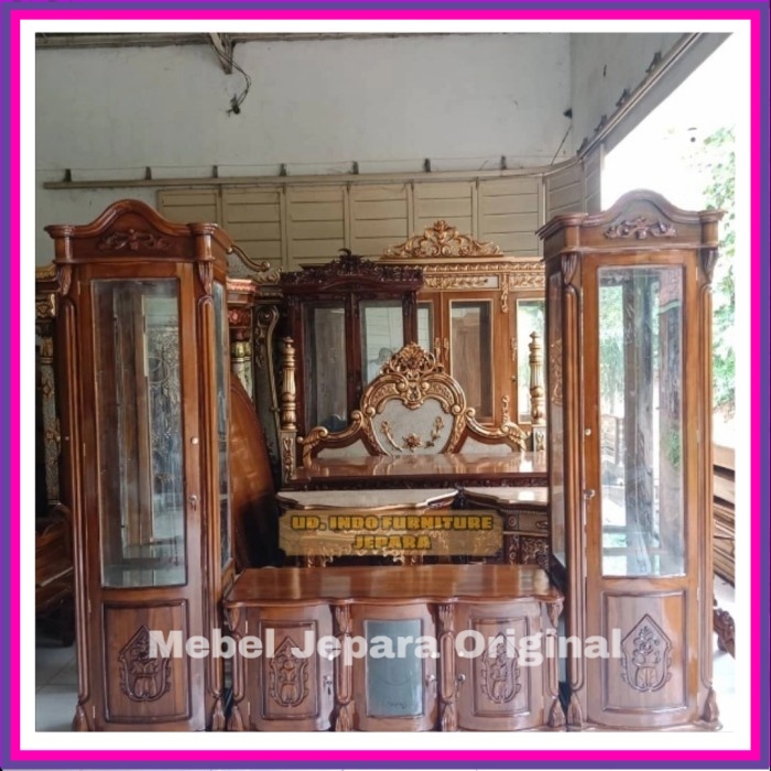 lemari hias kaca pajangan kayu jati + bufet meja tv ukir kayu jati
