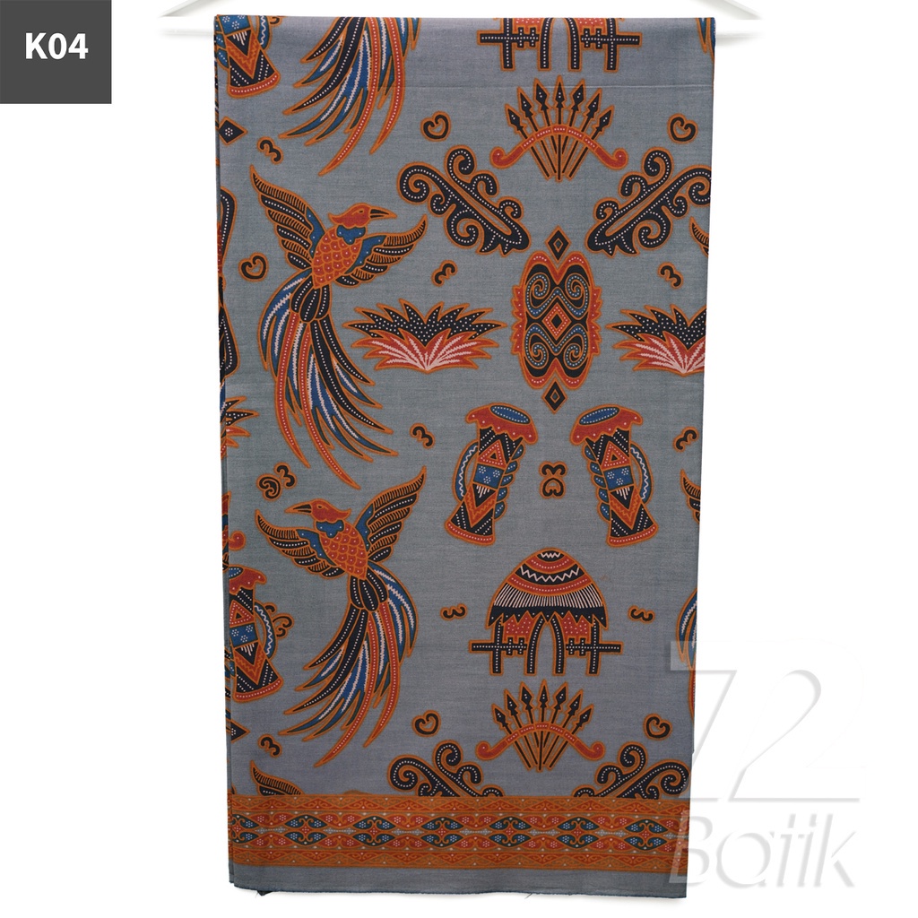 KAIN BATIK PREMIUM Bahan Katun Motif Burung Rumah Adat Warna Biru Orange 721105 CAP 72