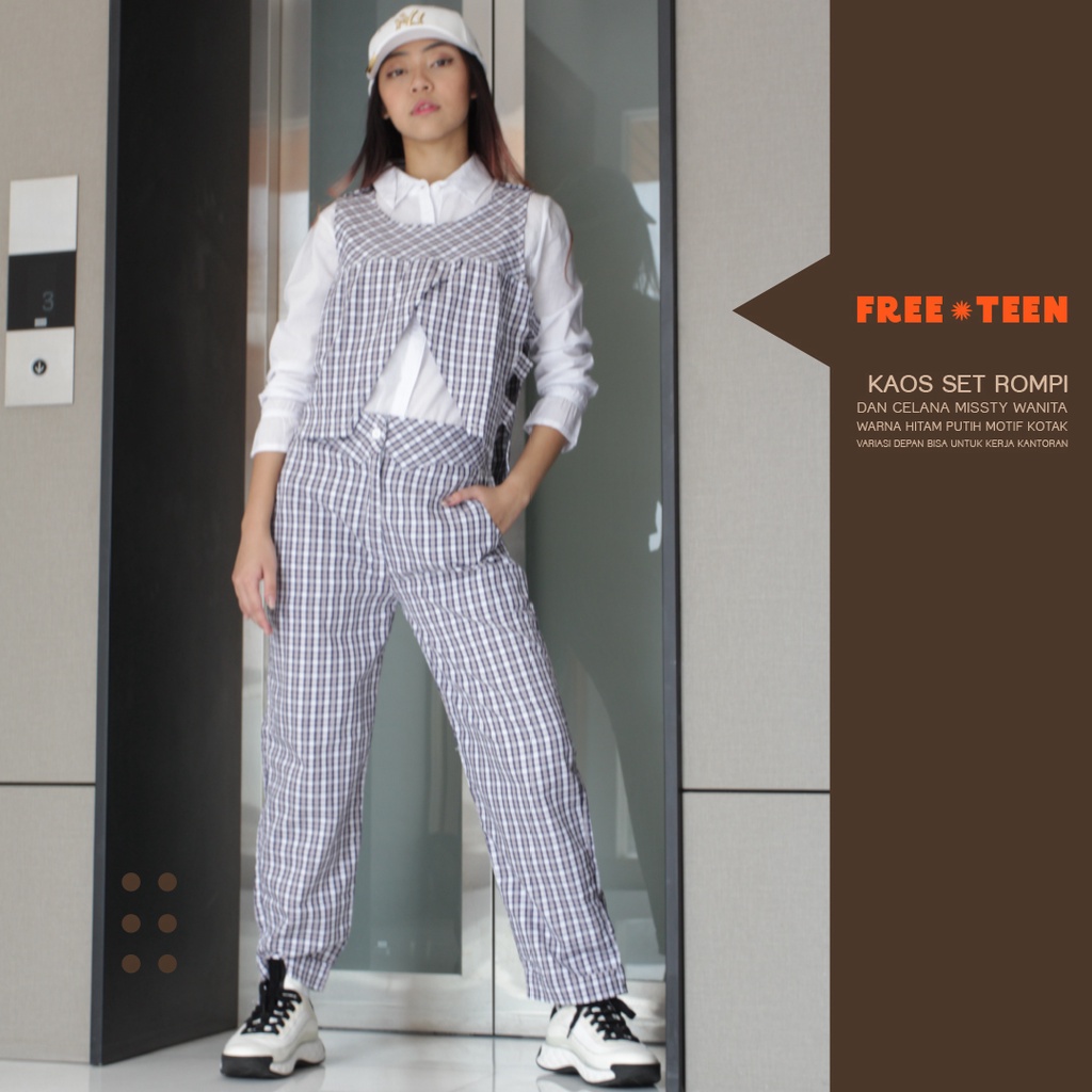 Kaos Set Rompi dan Celana Missty Wanita Warna Hitam Putih Motif Kotak Variasi Depan Bisa Untuk Kerja