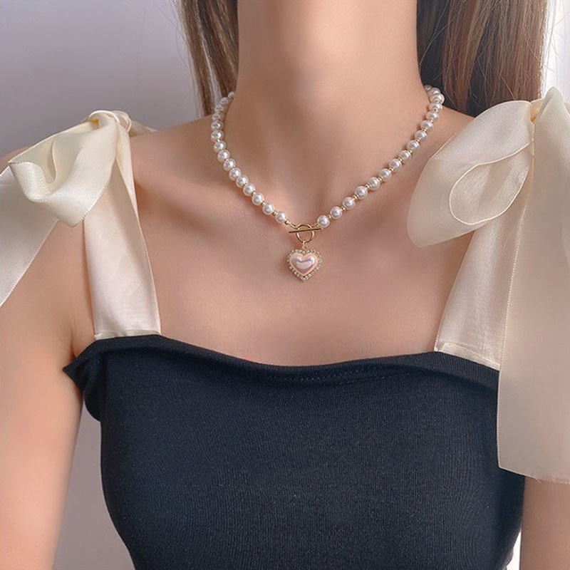 Kalung Klavikula Hias Liontin Mutiara Berlian Imitasi Bentuk Hati Gaya Korea Untuk Wanita