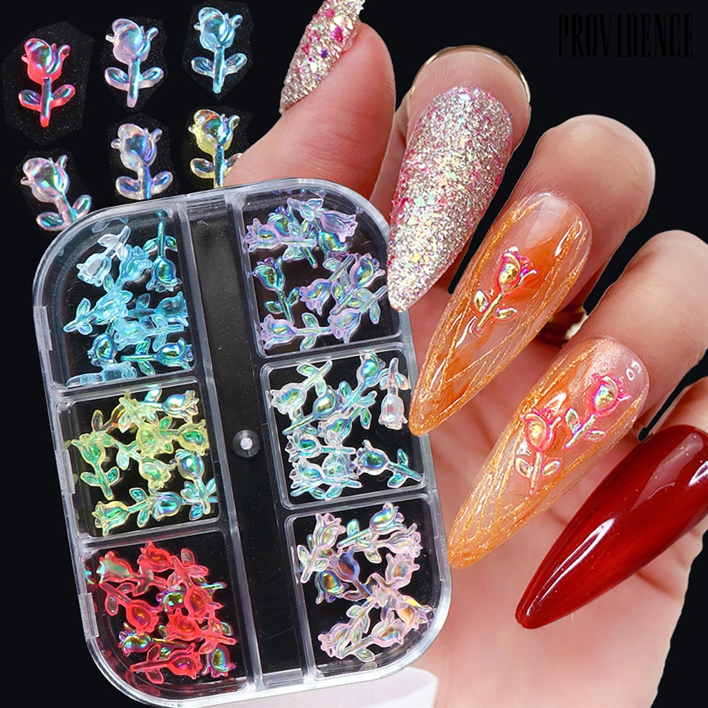 60pcs / Kotak Ornamen Bunga Mawar Aurora Berlian Imitasi Efek Tembus Cahaya Untuk Dekorasi Nail Art Wanita