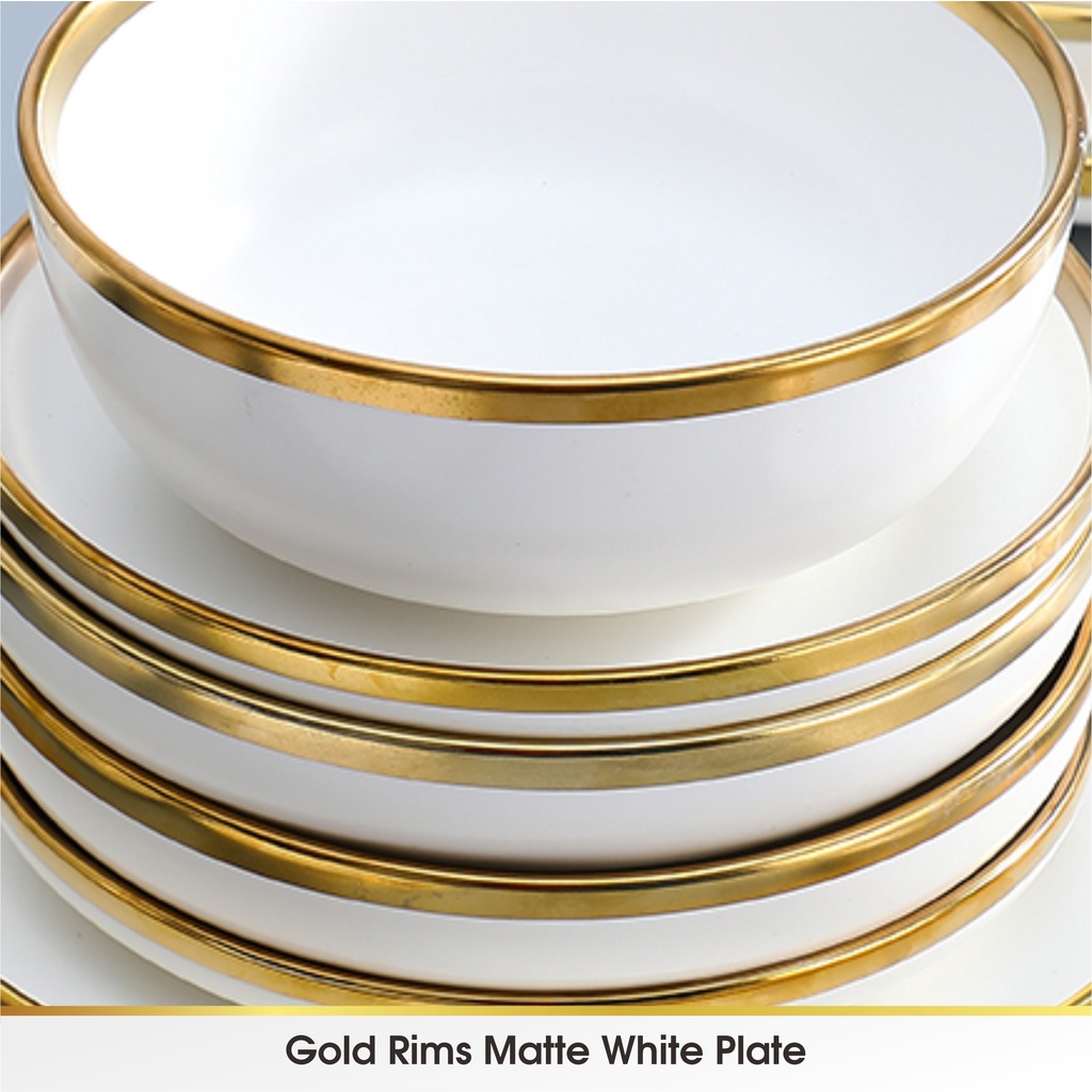 [SATUAN] WHITE - Piring Mangkok Makan Keramik Pinggiran Emas Cantik Ceramic Mewah Western Steak Gold Rim Plate