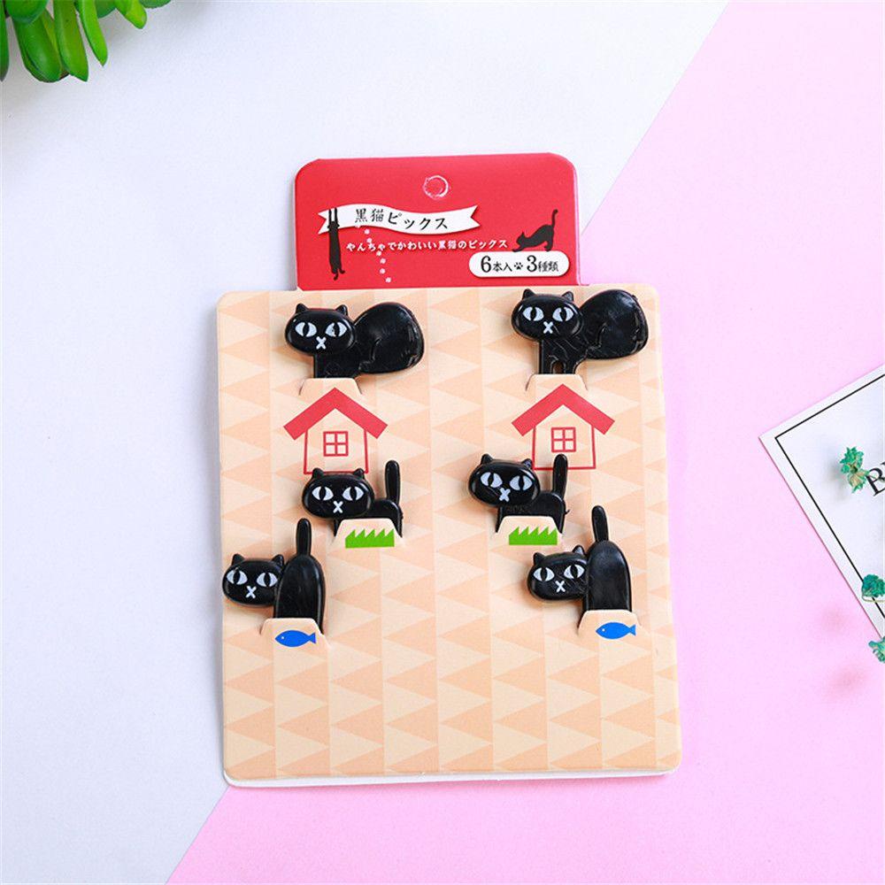 Solighter 6pcs Garpu Buah Desain Kartun Kucing Hitam Untuk Dekorasi Bento