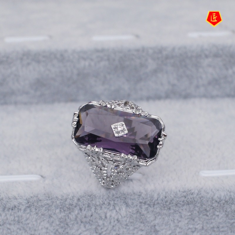 [Ready Stock]Fashion Personality Inlaid Chamfered Rectangular Amethyst Ring Exquisite