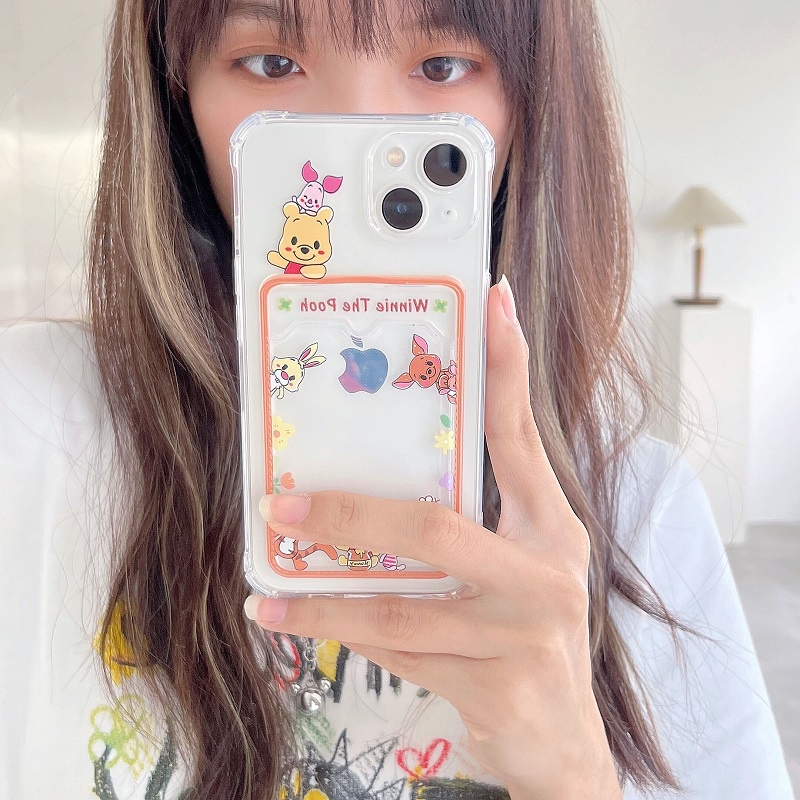 Soft Case Transparan Desain Winnie the Pooh Mickey Card Sleeve Untuk iPhone 12 13 Pro MAX 11 X XR XS MAX