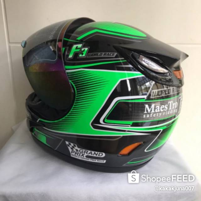 Helm JPN fullface F3 hitam gloss stiker hijau
