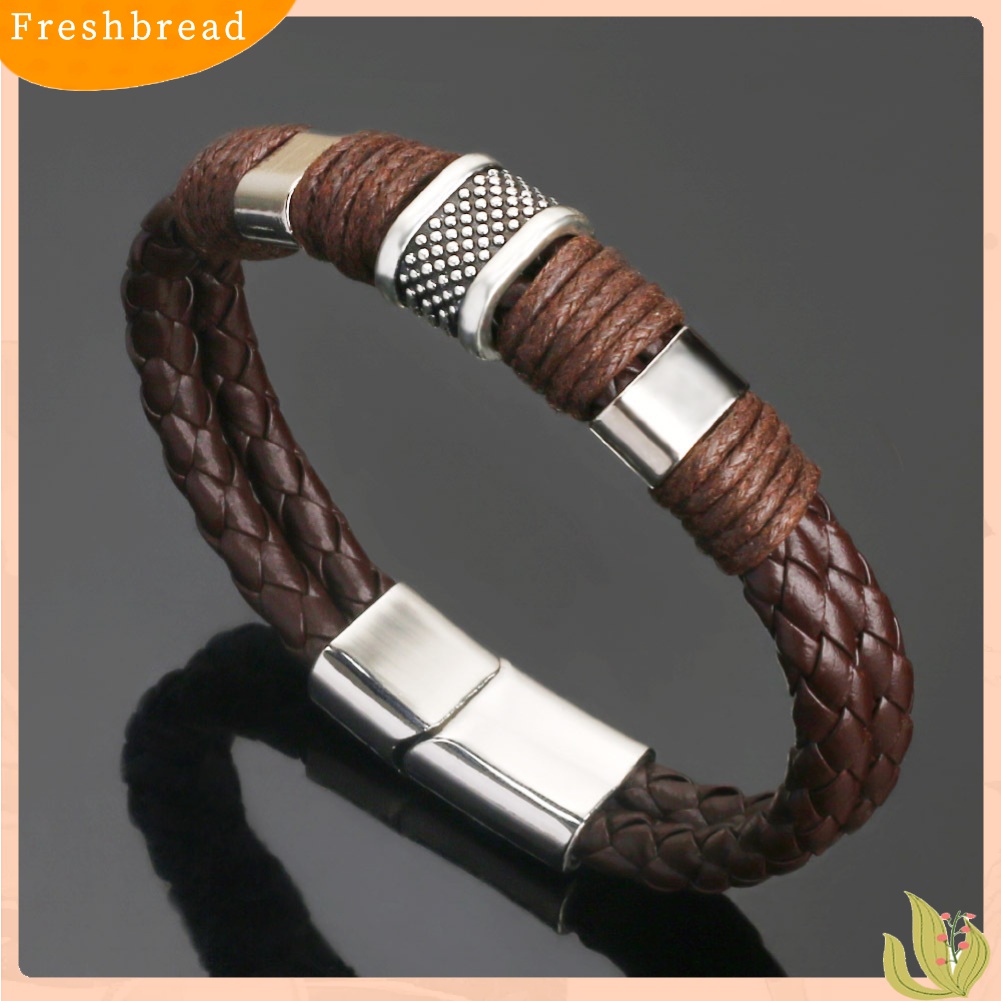 [TERLARIS]Fashion Mens Dual Layer Braided Faux Leather Magnetic Clasp Wrist Bracelet Gift