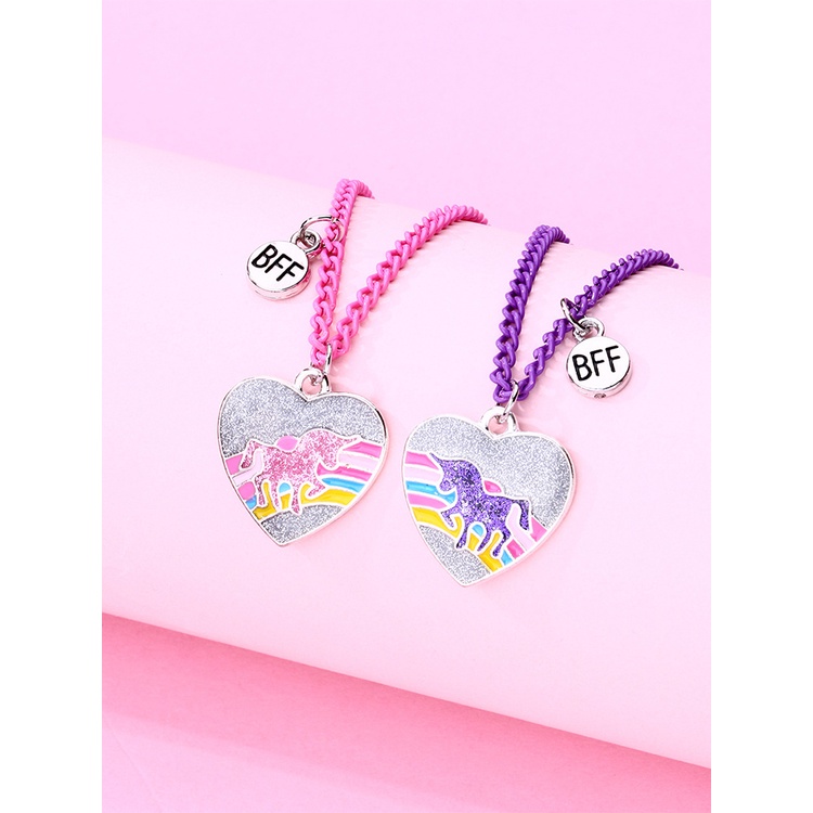 2pcs / Set Kalung Rantai Liontin Hati Unicorn Warna-Warni Untuk Wanita