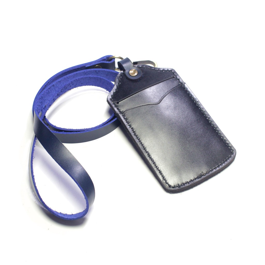 gantungan dompet ID card holder kulit hitam - tali id biru - PHID899