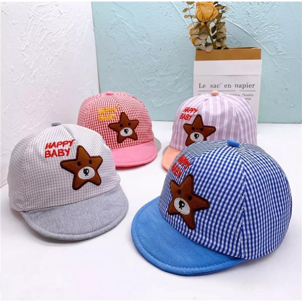 Topi anak happy baby / Topi anak kotak motif Happy