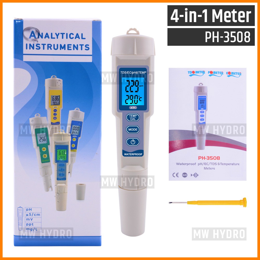 PH TDS EC Temperature, 4-in-1 Meter, Waterproof Backlight, PH-3508