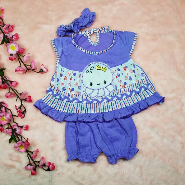 Setelan Baju Bayi 0-9bulan / gratis Bando / Baju Anak Bayi Perempuan Bahan Kaus Set