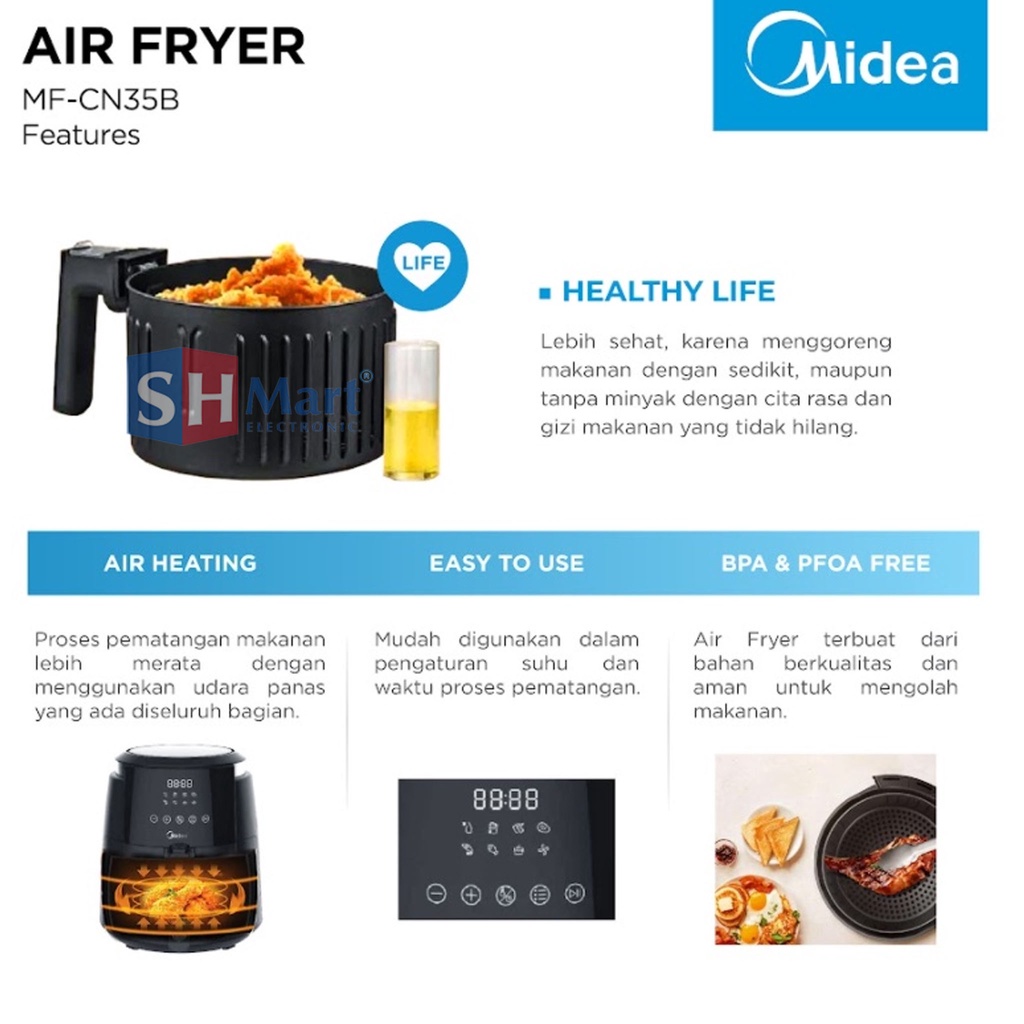 AIR FRYER MIDEA PENGGORENGAN TANPA MINYAK KAPASITAS 4,7 LITER DIGITAL / NON DIGITAL MF-TN35B / MFTN35B MF-CN35B / MFCN35B ORIGINAL