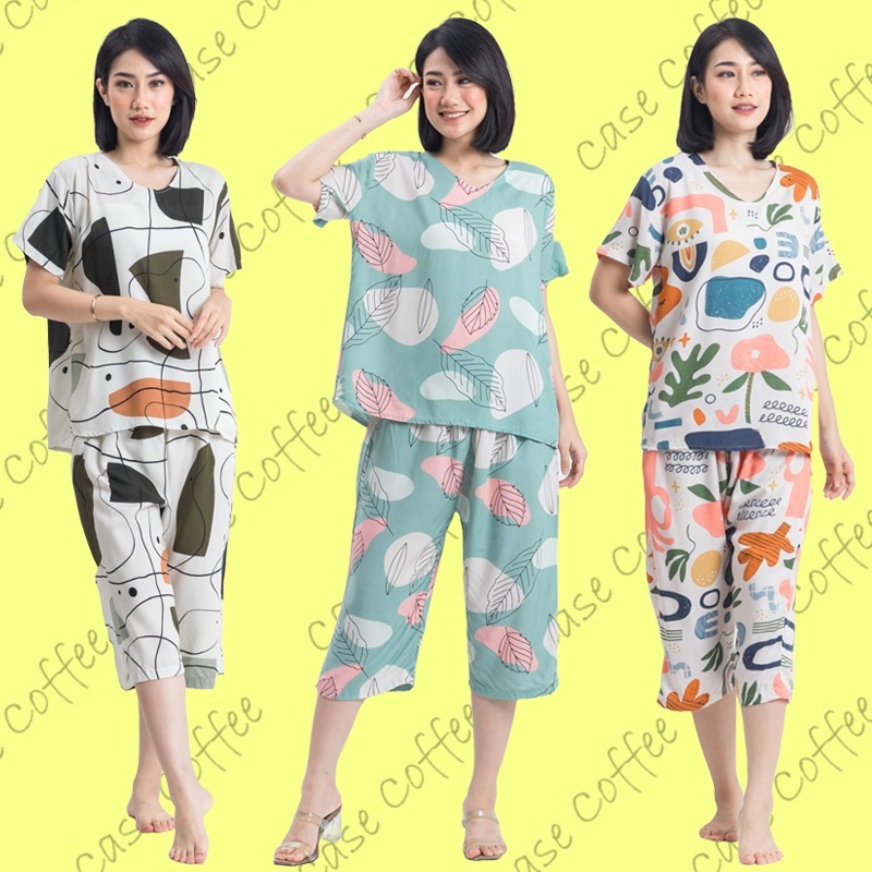 SETELAN BAJU TIDUR PIYAMA WANITA DEWASA CELANA 7/8 ONE SET PIAMA KATUN RAYON PREMIUM
