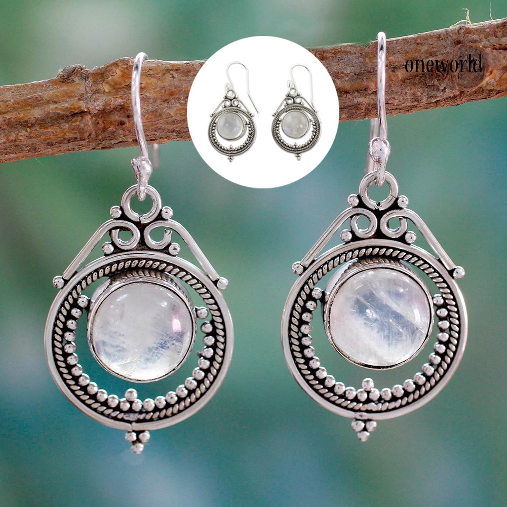 OW@ Women Vintage Hook Earings Fake Moonstone Hollow Jewelry Charms Party Gift