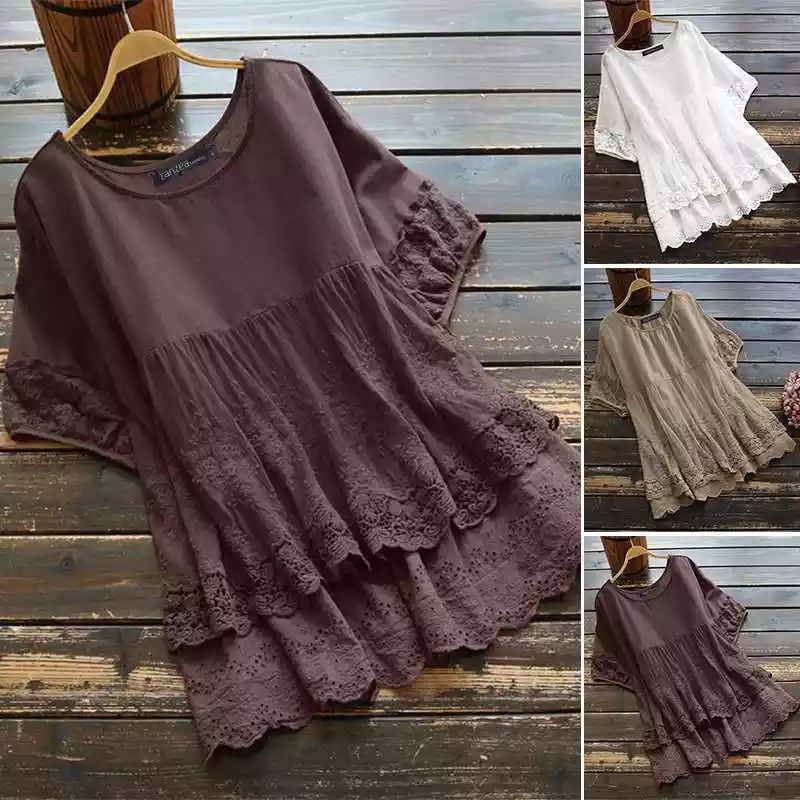 ZANZEA Blus wanita import Casual motif bunga bordir lengan pendek/Atasan wanita jumbo M-5XL Terbaru