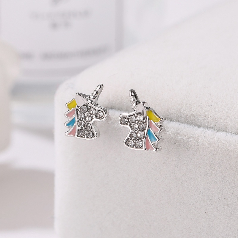 Fancyqube Anting Stud Enamel Kristal Bentuk Hewan Unicorn Warna Silver Untuk Wanita