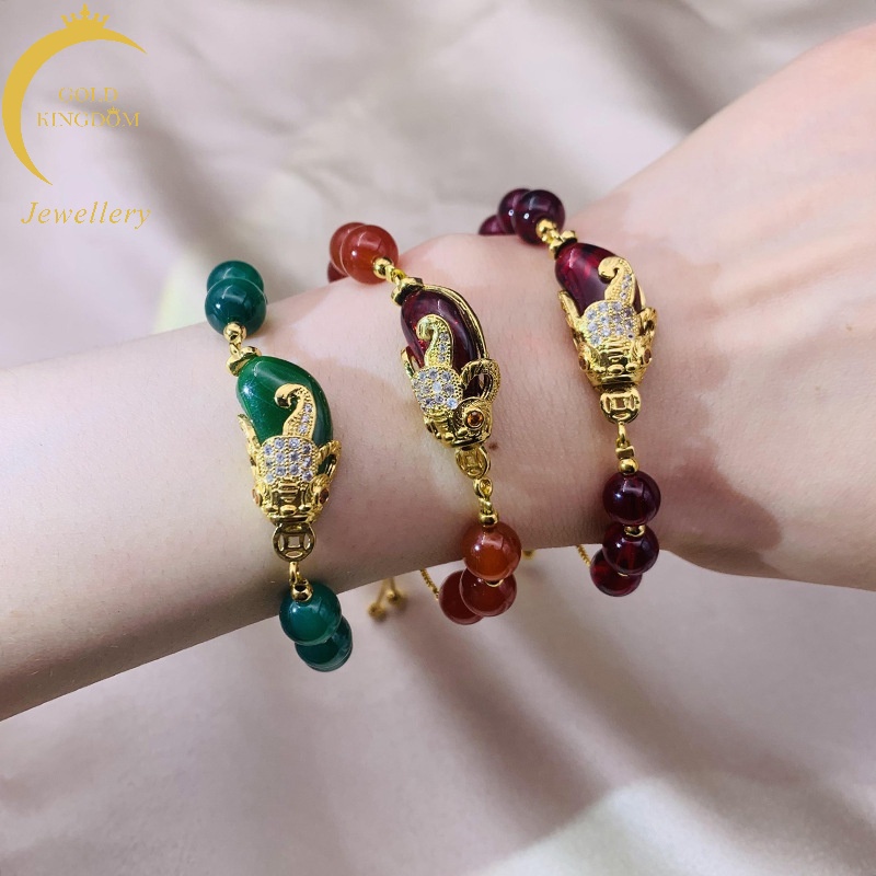 Gelang Tangan Manik-Manik Batu Akik Ruby Emerald Emas Asli Kadar 375 Gaya Vintage Untuk Wanita